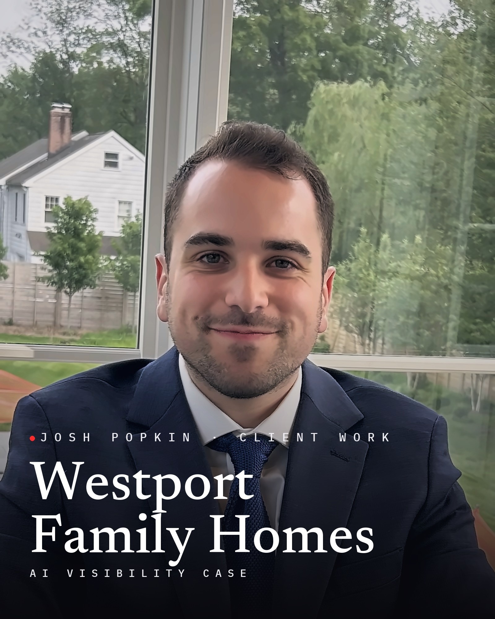 Josh Popkin headshot: Josh Paul Popkin, founder of Position Strategy Group, in a navy suit at a glass-walled conference table, with the title Westport Family Homes