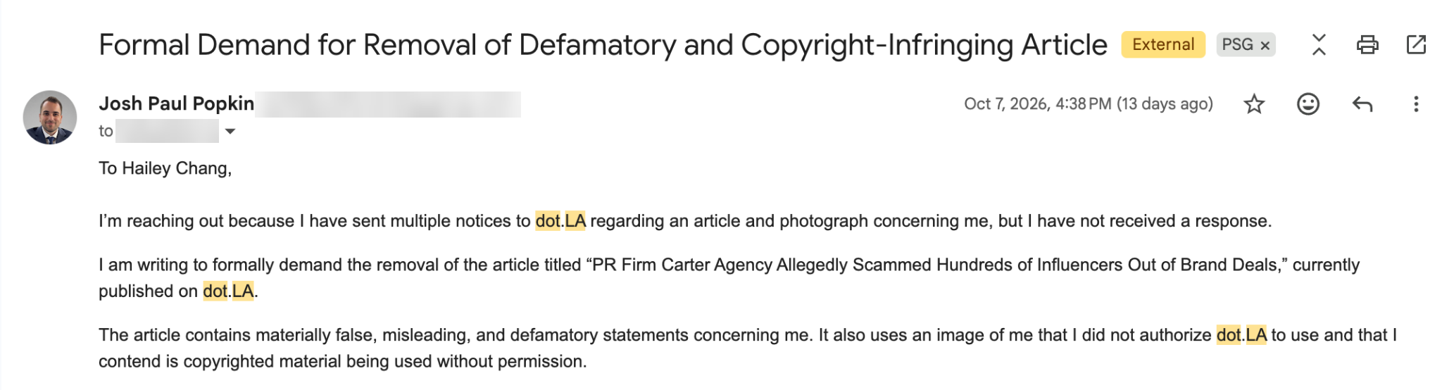 Email from Josh Paul Popkin to Hailey Chang of dot.LA, October 7, 2026, 4:38 PM, subject Formal Demand for Removal of Defamatory and Copyright-Infringing Article. Email addresses blurred.